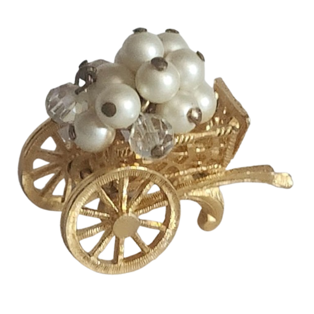 Vtg 50s  Miniature AB Faux Pearl ChaCha Flower Cart Wheelbarrow Wheels Roll